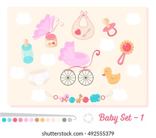 Vector set with baby toys and objects in flat design style