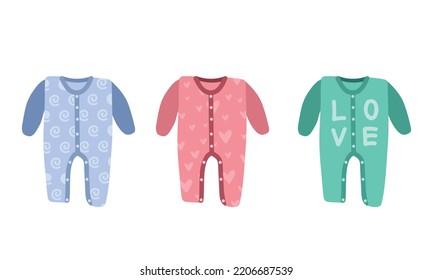 Vector Set Of Babygrow Clipart. Simple Cute Baby Sleepsuit, Romper, Jumpsuit, Onesie Flat Vector Illustration. Babygrow Infant Clothes For Baby Sleeping Cartoon Style. Kids, Baby Shower, Newborn