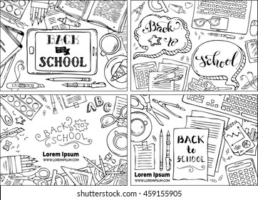 Vector set of Back to School backgrounds. Education workplaces. Outlined gadgets and school stationery supplies on white background. Laptop, tablet, book, pen and pencil. Top view. Work and education.