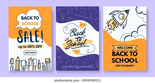 Vector set of back to school banners, flyers. Colorful posters with doodle drawings of school supplies, paper planes and clouds. Back to school sale web ad banner, cover templates, education concept