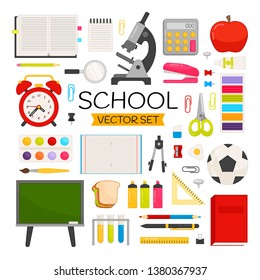 Vector set back to school. Cartoon elements stationery and school objects. Bright set for website templates, banners, posters.
