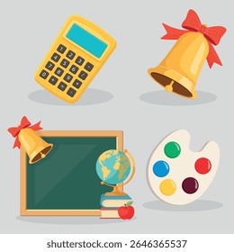 Vector set of back to school compositions with globe, backpack, books, chalkboard, palette, apple, calculator, school bell with bow – flat design on white background for Knowledge Day projects