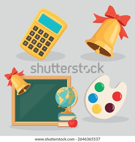 Vector set of back to school compositions with globe, backpack, books, chalkboard, palette, apple, calculator, school bell with bow – flat design on white background for Knowledge Day projects
