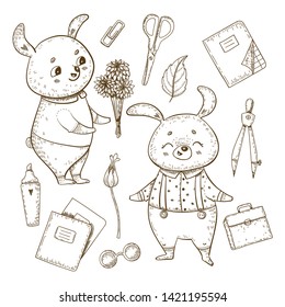 Vector set of back to school cute bunnies and school supplies. Graphic back to school animals. 