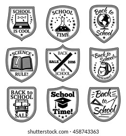 Vector set of Back to school labels. With bus, backpack, book, laptop, rulers etc.