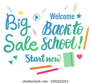 Vector Set Back to school Sale isolated on white background. Pencils and notebook and an apple.