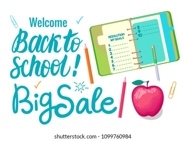 Vector Set Back to school Sale isolated on white background. Pencils and notebook and an apple.