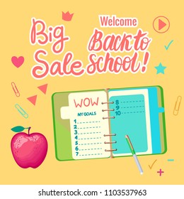 Vector Set Back to school Sale isolated on yellow background. Pencils and notebook and an apple.