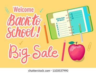 Vector Set Back to school Sale isolated on yellow background. Pencils and notebook and an apple.
