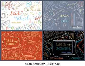 Vector set of Back to School templates. Education workplaces. Outlined gadgets and school stationery supplies on colored backgrounds. Laptop, tablet, pen and pencil. Top view. Work and education.