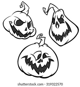 Vector set of Back And White Scaring Halloween Pumpkins with various expressions.  Cartoon coloring characters outlines