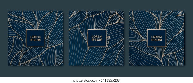 Vector set of background art patterns, line luxury leaves design, floral art deco ornament. Nature golden vintage cards, tropical illustrations.