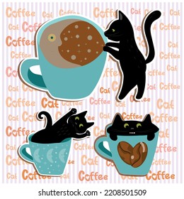 Vector set background coffee and heart. Set of kittens playing with a cup for decoration and design. 