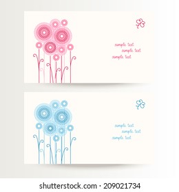 Vector set of background with flowers. Template for visiting, business, calling cards. Blue and pink banners for print, web