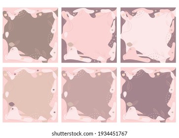 Vector set of background and frame template with place for text in simple modern style with sprig of leaves. Hand drawn line wedding invitations or greeting cards, social media wallpaper.