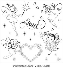 Vector set, background, illustration of black and white objects, icons, characters of various little pretty fairies, inscription fairy, decorative graphic design elements, flowers, stars, and shiner.