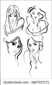 VECTOR Set Background with a stylish  fashion original hand-drawn graphics portrait  with beautiful young attractive girl model for design.