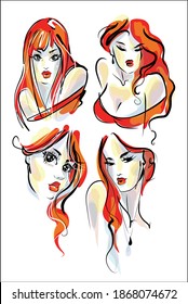 
VECTOR Set Background with a
stylish  fashion original hand-drawn graphics portrait  with beautiful young attractive woman model for design.