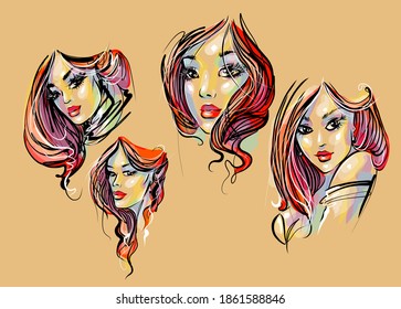 VECTOR SET Background with a
stylish  original hand-drawn graphics portrait  with beautiful young attractive girl model for design. 