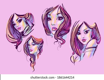 
Fondo del conjunto de vectores con un
elegante retrato gráfico original dibujado a mano con un hermoso modelo joven y atractivo para el diseño. 