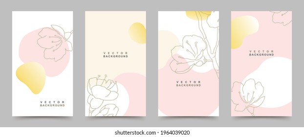Vector set of background templates with trendy colored shapes and minimal hand drawn flowering branch. Illustration for posters, wedding invitations, social media posts and stories, covers.