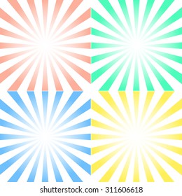 Vector set of backgrounds with centered symmetrical rays - yellow, pink, blue, and green, with white gradient in center 