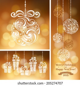 Vector set of backgrounds with christmas decoration for your design. Vintage ornamental gift boxes and balls on defocus background. Happy New Year greeting card
