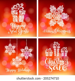 Vector set of backgrounds with christmas decoration for your design. Vintage ornamental gift box, balls and snowflakes on defocus background. Happy New Year greeting card