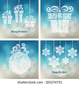 Vector set of backgrounds with christmas decoration for your design. Vintage ornamental gift box, balls and snowflakes on defocus background. Happy New Year greeting card