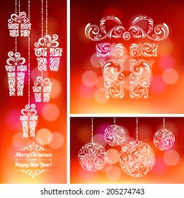 Vector set of backgrounds with christmas decoration for your design. Vintage ornamental gift boxes and balls on defocus background. Happy New Year greeting card