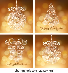 Vector set of backgrounds with christmas decoration for your design. Vintage ornamental gift box, balls and tree on defocus background. Happy New Year greeting card