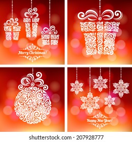 Vector set of backgrounds with christmas decoration for your design. Vintage ornamental gift box, balls and snowflakes on defocus background. Happy New Year greeting card