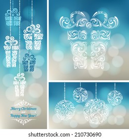 Vector set of backgrounds with christmas decoration for your design. Vintage ornamental gift boxes and balls on defocus background. Happy New Year greeting card