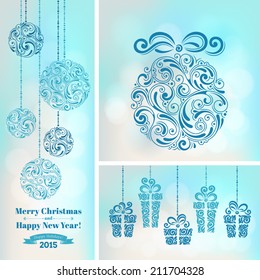 Vector set of backgrounds with christmas decoration for your design. Vintage ornamental gift boxes and balls on defocus background. Happy New Year greeting card