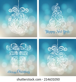 Vector set of backgrounds with christmas decoration for your design. Vintage ornamental gift box, balls and tree on defocus background. Happy New Year greeting card