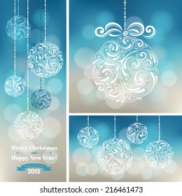 Vector set of backgrounds with christmas decoration for your design. Vintage ornamental balls on defocus background. Happy New Year greeting card