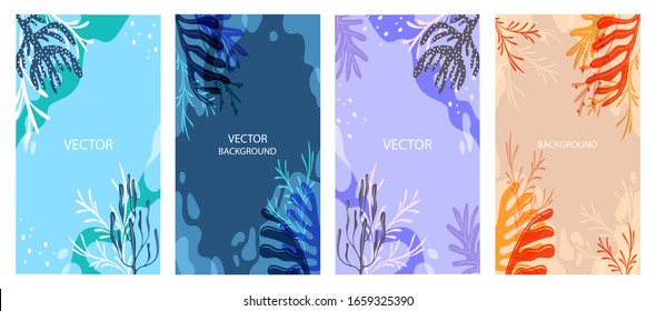 Vector set of backgrounds with Copy space for text - bright banners, posters, cover design templates, social media stories Wallpaper with various sea plants