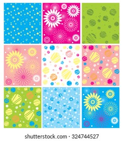 Vector set of backgrounds  in gentle, cheerful, fresh colors. The rectangles with polka dots, with circles, daisies, lines and so on. 