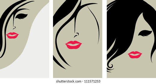 Vector set of backgrounds with hair styling for woman with red lips