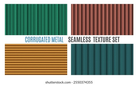 Vector set of backgrounds made of corrugated metal with rich texture panels in blue, green, red, orange colors. They emphasize the durability and style of the roof