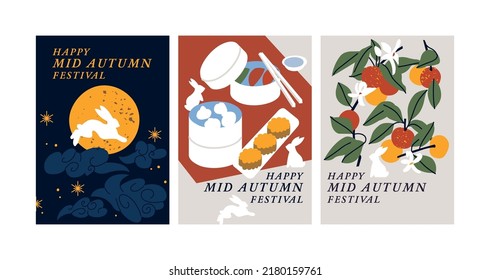 Vector set of backgrounds or posters for Mid Autumn Festival or Mooncake Festival with illustration rabbits and paper lanterns and decoration