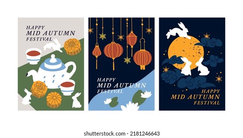 Vector set of backgrounds or posters for Mid Autumn Festival or Mooncake Festival with illustration rabbits and paper lanterns and decoration