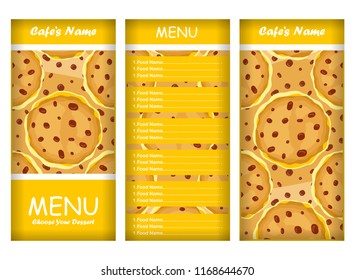 Vector set of backgrounds and template for menu. Cute cookies, yummy chocolate chips illustration. Perfect for bakery, cafe, restaurant, tea house and more. Yellow color palette, food, pastry price