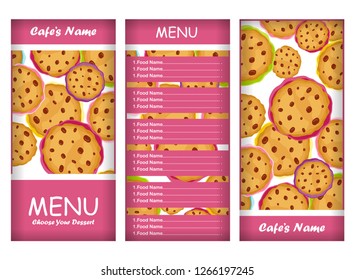 Vector set of backgrounds and template for menu. Cute cookies, yummy chocolate chips with coloring topping. Perfect for bakery, cafe, restaurant, tea house. Crimson color palette, pastry price