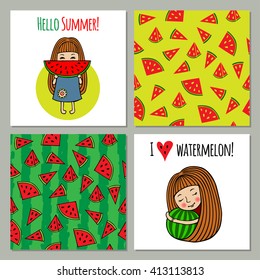 Vector set of backgrounds watermelon and sweet little girls. 2 background with juicy melons form a seamless patterns. The set can be used for printing, for processing of printed products.