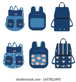 Vector set of backpacks in classic blue color.Monochrome bags and bags with ornament isolated on white background.