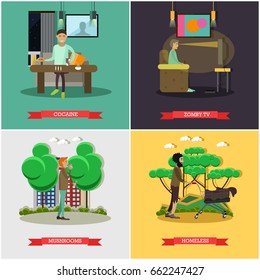 Vector set of bad habits posters. Cocaine, Zombie TV, Mushrooms and Homeless concept flat style design elements.