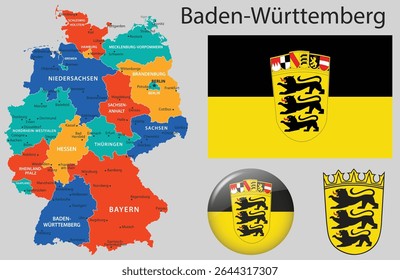Conjunto vetorial de Baden Wuerttemberg incluindo a bandeira oficial, brasão de armas e mapa atualizado. Parte da bandeira alemã completa e da coleção de emblema.