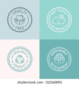 Conjunto vectorial de insignias y emblemas de estilo lineal moderno para el embalaje cosmético orgánico y natural - sin crueldad, no ensayado en animales, productos orgánicos, desarrollos sostenibles