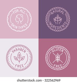 Vector Set Of Badges And Emblems In Trendy Linear Style For Organic And Natural Cosmetic Packaging - For All Skin Types, Natural Ingredients, Paraben Free, Gluten Free